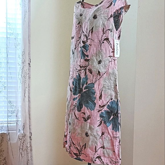 NWT PURO LINO 100% Linen Dress Made in Italy Floral Print Cap Sleeve Pockets M - Picture 8 of 17
